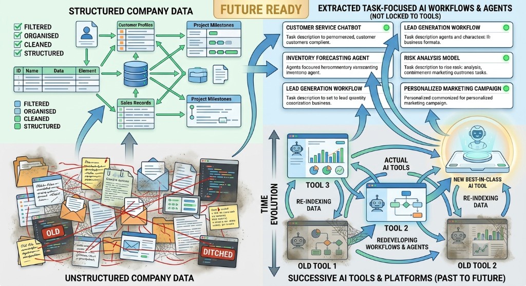 Future ready: unstructured company data becomes structured knowledge and task-focused AI workflows that plug into successive AI tools over time